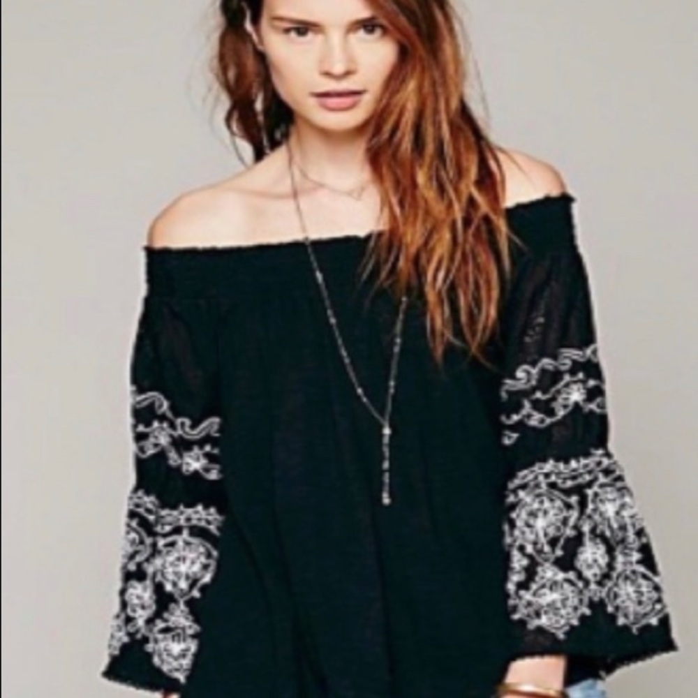 Free People Off the Shoulder Embroidered Sleeve
